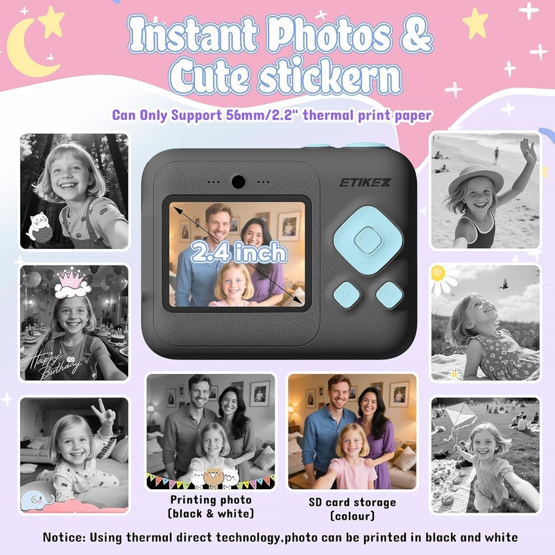ETIKEZ Kids Camera, 1080P Instant Digital Print Camera for Kids, Christmas Birthday Gifts for 4 5 6 7 8 9 10 Year Old Girls Boys, Portable Toy with 32GB SD Card & 3 Rolls Printing Paper, Black - Image 3